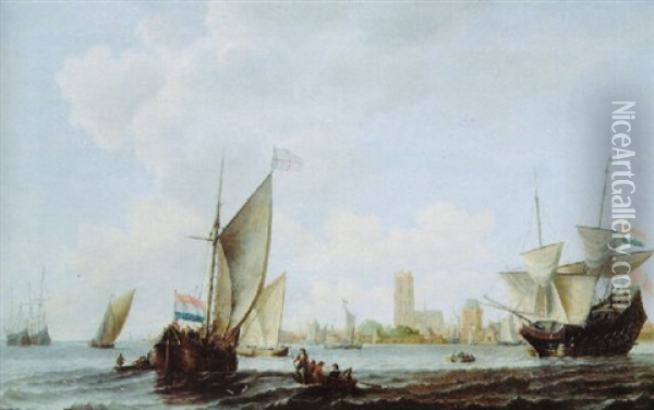 A Smalschip, A Merchantman And Other Shipping On The River Merwede Near The City Of Dordrecht Oil Painting - Willem van Diest