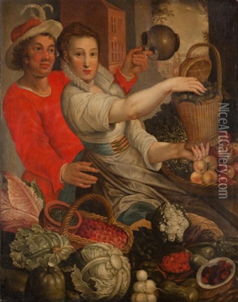 Fruchte- Und Gemusemarkt Mit Jungem Paar Oil Painting - Pieter Aertsen