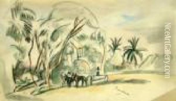 French -- Cart And Horses In A 
Tropical Village Landscape; Pencil, Black Chalk With Touches Of 
Watercolour, Bears Facsimile Signature, 13x21.5cm Oil Painting - Jules Pascin