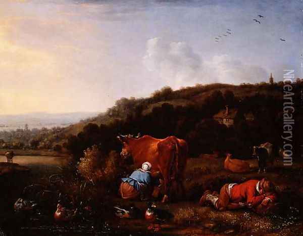 A pastoral landscape with a milkmaid and a sleeping cowherd Oil Painting - Herman Saftleven