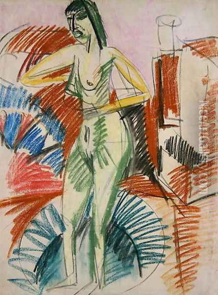 Standing Female Nude in a Tub Oil Painting - Ernst Ludwig Kirchner