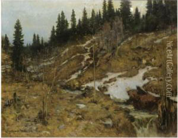 Snodekket Elvelandskap (snowy River Landscape) Oil Painting - Gerhard Peter Frantz Munthe