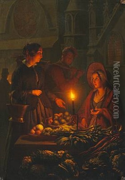 A Dutch Night Market With A Woman Selling Vegetables By Candlelight Oil Painting - Petrus van Schendel