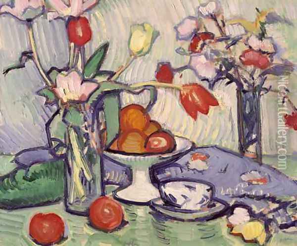 Tulips in Two Vases, c.1912 Oil Painting - Samuel John Peploe