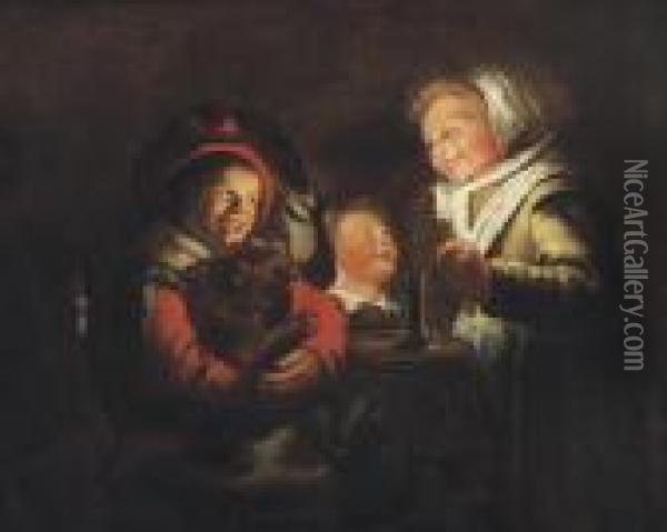 Two Girls And A Boy With A Dog By Candle Light Oil Painting - Jan Miense Molenaer