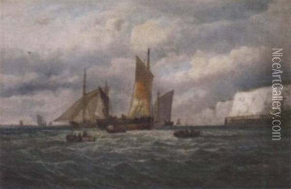 Fishing Smacks Preparing For Sea Oil Painting - William (of Ramsgate) Broome