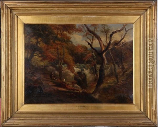 Forest Scene With Arched Bridge And Four Figures Oil Painting - Edward Henry Holder