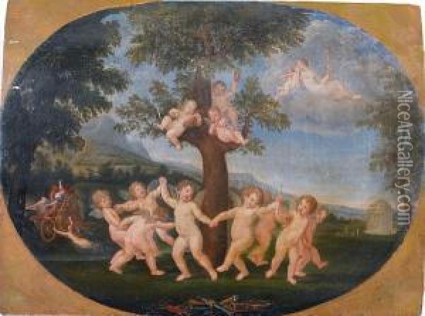 Putti Dancing Before A Tree, Within A Paintedoval Oil Painting - Francesco Albani