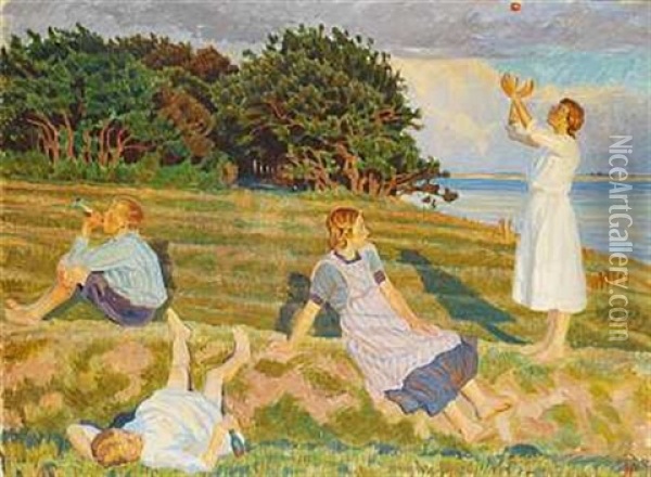 Legende Born Pa Engen, I Baggrunden Faborg Fjord Oil Painting - Peter Marius Hansen