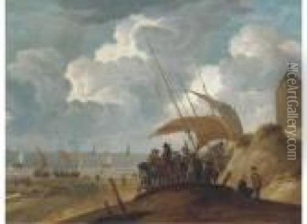 A Coastal Landscape With Peasants And Gentlemen On A Beach By Aboat Oil Painting - Willem van de, the Elder Velde
