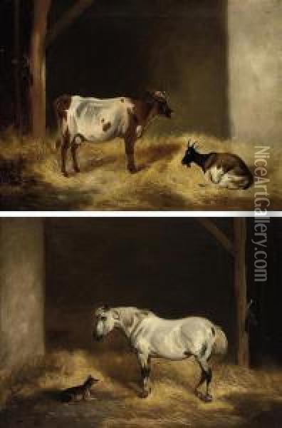 A Cow And Goat In Astable Oil Painting - Edmund Bristow