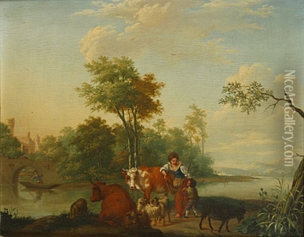 Herder, Herderin En Dieren In Een Landschap Oil Painting - Dionys van Dongen