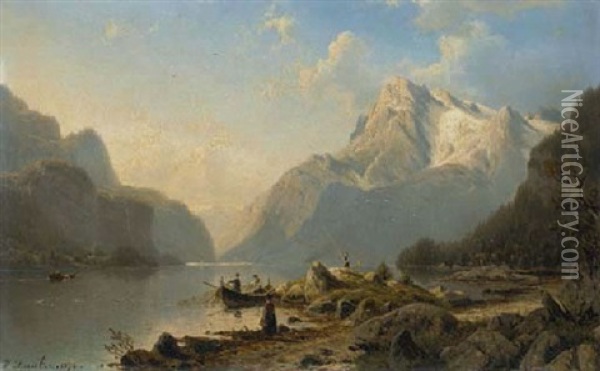 Fishing In The Fjord Oil Painting - Johannes Bartholomaeus Duntze