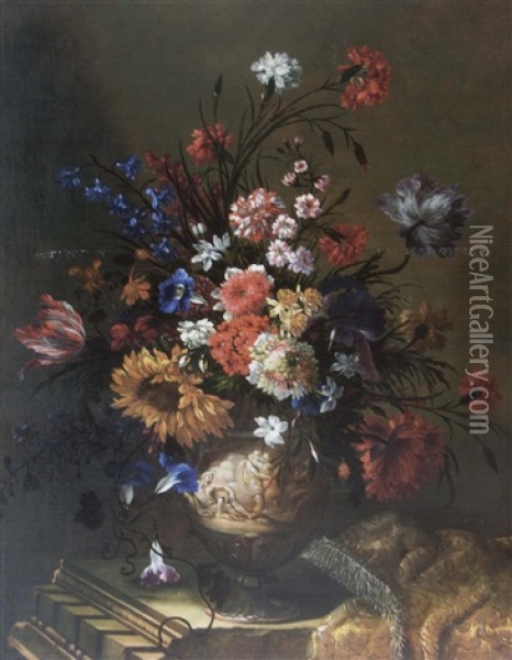 Bouquet De Fleurs Dans Une Urne Au Bas-relief Oil Painting - Nicolas Baudesson