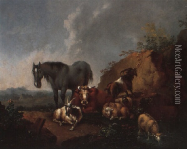 Ruhendes Vieh (+ Another, Similar; Pair) Oil Painting - Johann Jakob Schalch