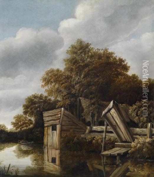 A Farmhouse By A River Oil Painting - Roelof van Vries