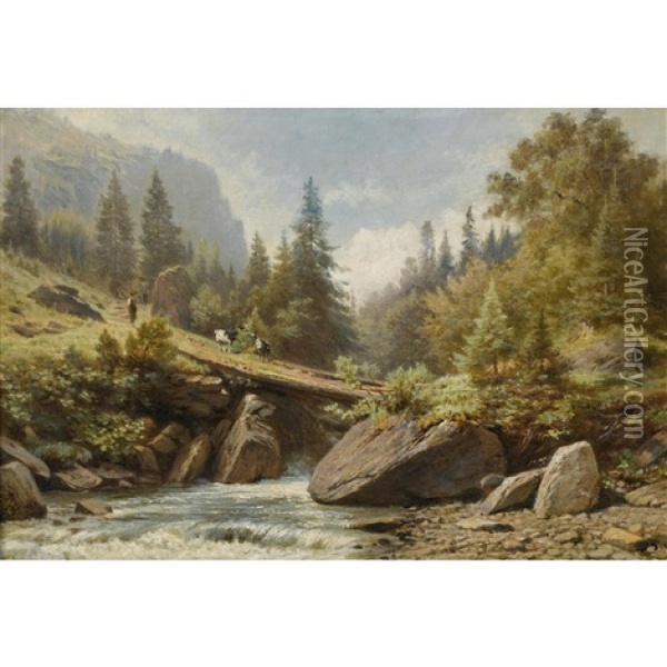 Sommerlicher Bergbach Mit Steg Und Kuhen Oil Painting - Johann-Joseph Geisser