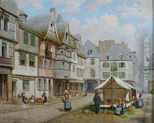The Market Place, Lannion, Brittany Oil Painting - John Mulcaster Carrick