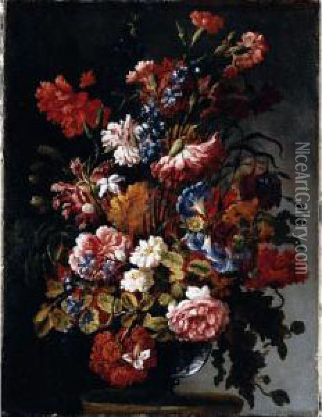 A Still Life Of Poppies, 
Convolvulus, Roses, Fritillaries, Nasturtiums And Jasmine In A Glass 
Vase, Resting On A Stone Ledge Oil Painting - Paolo Porpora