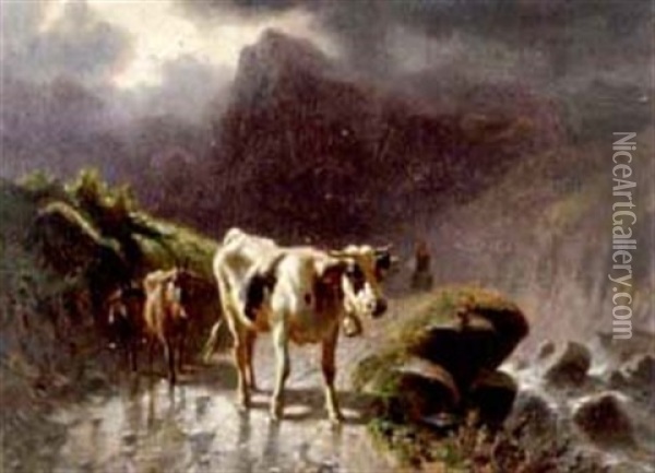 Rind Und Zwei Ziegen Aud Alpweg Nach Gewitter Oil Painting - Charles (Jean-Ch. Ferdinand) Humbert