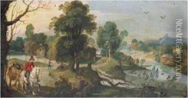 A River Landscape With A Horseman Leading A Pack Horse In The Foreground Oil Painting - Sebastien Vrancx