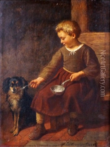 Enfant Donnant A Manger A Son Chien, 1868 Oil Painting - Pierre Joseph Toussaint