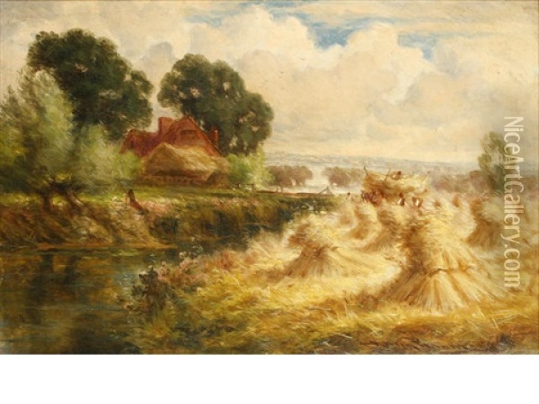 Harvesting Scene By A River Oil Painting - Harry Pennell