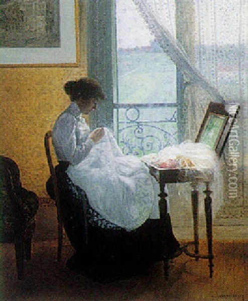 Sewing By A Window Oil Painting - Marie Gabriel Biessy