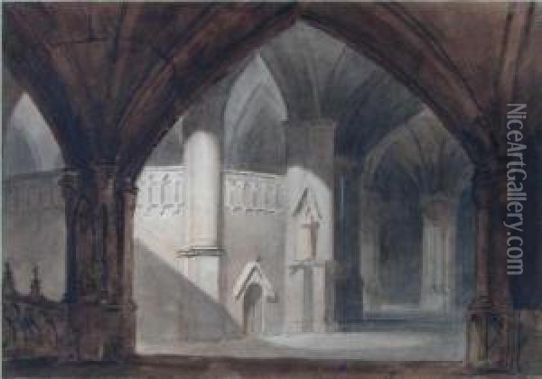 Chorumgang Einer Gotischen Kathedrale. Oil Painting - Caspar Johann Nepomuk Scheuren