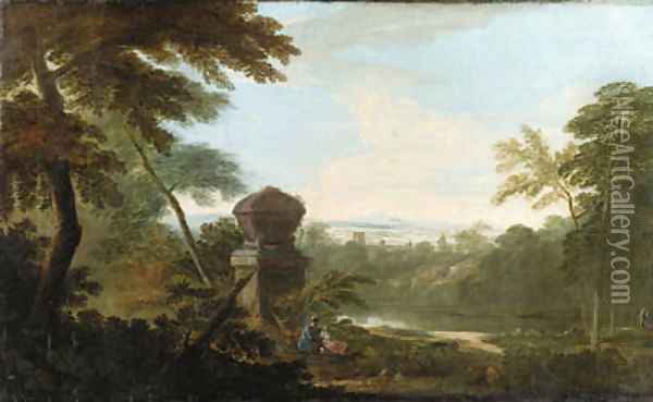 An Italianate wooded river Landscape, with figures in the foreground beside a tomb Oil Painting - James Forrester
