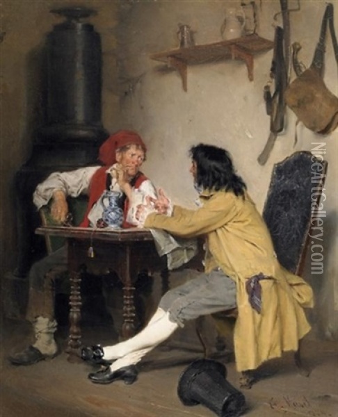 Das Zwiegesprach. Zwei Manner In Der Guten Stube, In Erzahlungen Vertieft Oil Painting - Ernst Meisel