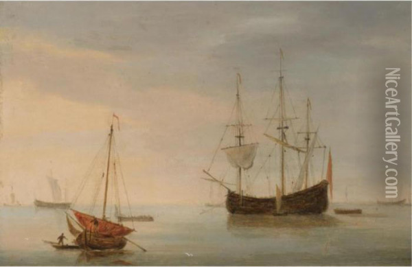 A Dutch Flute At Anchor And A 
Fishing Pink With Sail Lowered In The Foreground In A Calm Sea At Sunset Oil Painting - Willem van de, the Elder Velde