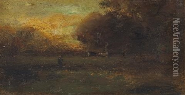 Cattle Watering In A Meadow (+ San Rafael; Pair) Oil Painting - William Keith