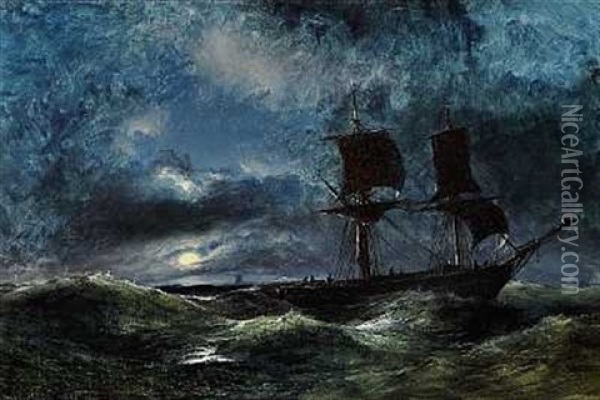 Sejlskib Pa Havet Ved Nattetide Oil Painting - Daniel Hermann Anton Melbye