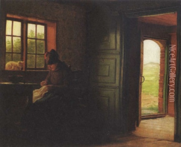 Interior Med Kvinde Der Syer Samt Hvid Kat I Vinduet Oil Painting - Johann Julius Exner