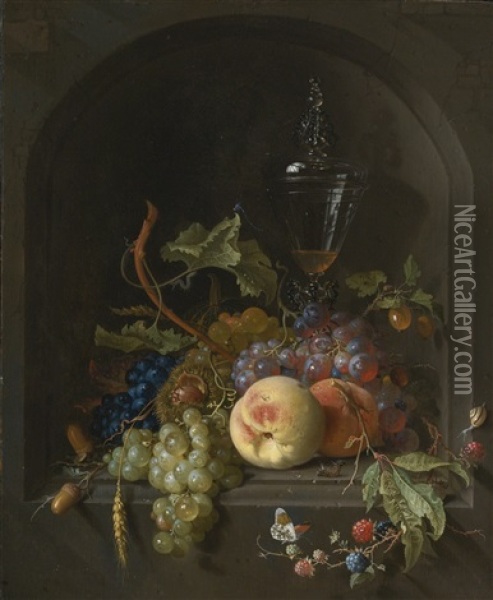 Still Life Of Grapes, Peaches, Blackberries, Acorns, Prickly Fruit, An Elaborate Glass And Various Insects On A Ledge In A Niche Oil Painting - Abraham Mignon