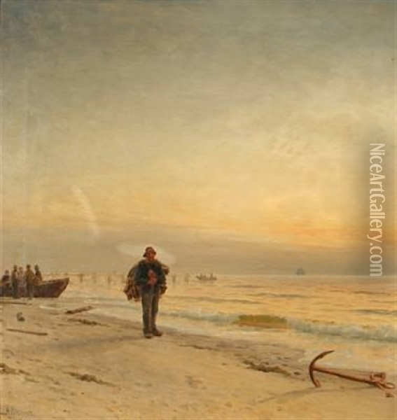 Fishermen On Skagen Beach, Denmark Oil Painting - Holger Luebbers