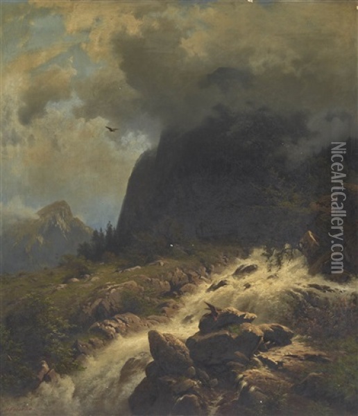A River Landscape (reichenbach, Stream To The Aare) Oil Painting - Heinrich Ludwig Frische