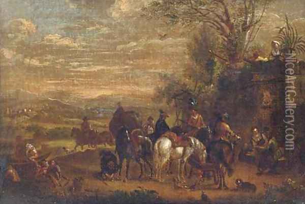 A landscape with a hawking party halted by a fountain Oil Painting - Carel van Falens or Valens