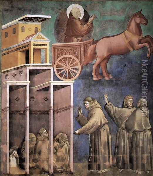 Legend of St Francis- 8. Vision of the Flaming Chariot 1297-99 Oil Painting - Giotto Di Bondone