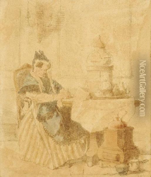 Old Lady At A Table Oil Painting - Alexander Hugo Bakker Korff