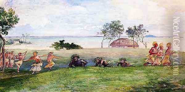 Military Reception And War Dance In Our Honor At Sapapali Samoa Oil Painting - John La Farge