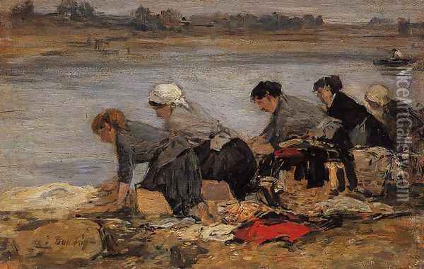 Laundresses on the Banks of the Touques XI Oil Painting - Eugene Boudin