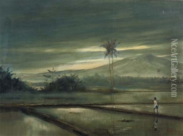 Ricefield At Dusk Oil Painting - Ronald Henry Arthur Frijling