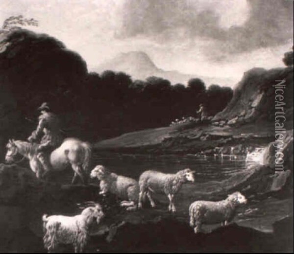 An Italianate Landscape With A Shepherd, Sheep And A Goat By A Rocky Pool Oil Painting - Domenico Brandi