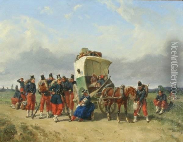 Troops Pausing Along The Road Oil Painting - Adolphe Gandon