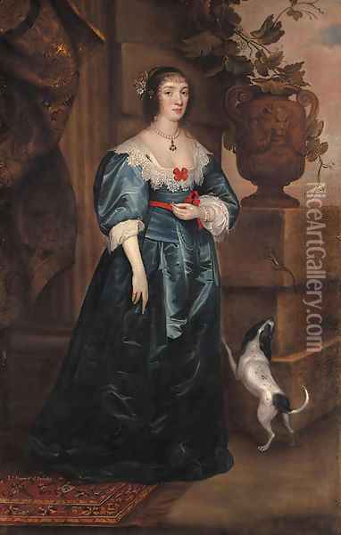 Portrait of Mary, Lady Gerard, of Bromley, full-length, in a blue dress, a dog at her side, beside a classical urn on a plinth on which rests a lizard Oil Painting - Sir Anthony Van Dyck