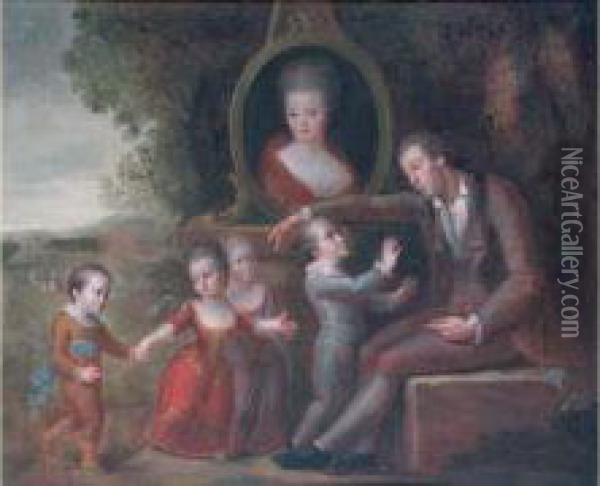 Le Pere De Famille Et Ses Quatre Enfants Sous Le Portrait De La Mere. Oil Painting - Jacques Noury