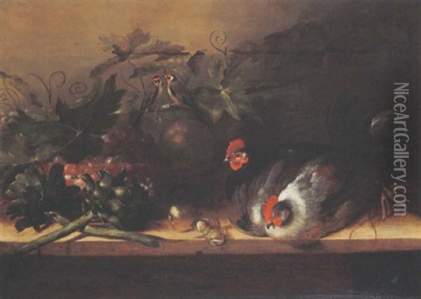 A Still Life With Two Hens, Artichokes, Grapes, Apples, A Pear, Hazelnuts, Two Finches, All On A Wooden Table Oil Painting - Balthasar Huys