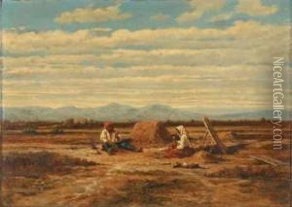 Paysans Pilant Le Grain Oil Painting - Emile Loubon